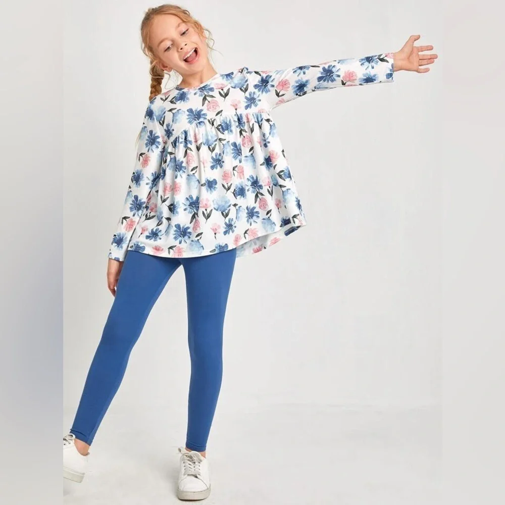 Girls Floral Print Babydoll Top & Solid Leggings Set